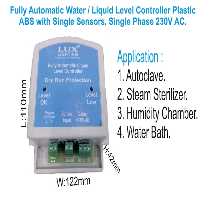 Low Water Cut / Fully Automatic Water / Liquid Level Controller Plastic ABS with Single Sensors, Single Phase 230V AC.